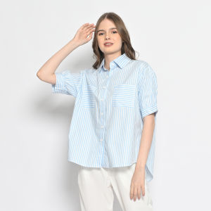 QUEENTIN Kemeja Casual Wanita 0354 Katun Jepang Salur Lengan Pendek