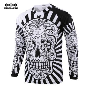 KEMALOCE 2022 MTB Jersey Men Long Sleeve Mountain Bike Jersey White Skull Quick Dry Summer Bicycle Downhill Shirts