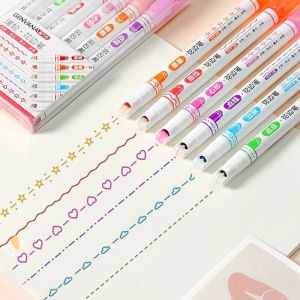 6pcs/set Linear Curve Highlighter Color Pen Roller Tip Curve Marker Pen Line Shaped Highlighter Pen