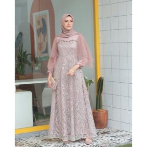 Free jilbab Dress Brukat Terbaru Modern Kekinian Lunna Tunangan Lamaran / gamis wanita long baju kondangan jumbo remaja muslim pesta jelita