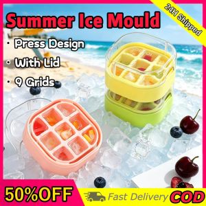 Summer 9 Grids Press Type Ice Mould with Lid Portable outdoor Ice Cube Maker