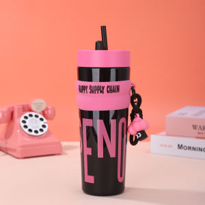 900ml Cute Large Capacity Plastic Straw Cup Outdoor Portable Straw Cup Dopamine Water Bottle with Handle