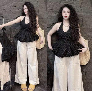 Set đồ nữ mặc hè set áo yếm Đũi chấm bi bồng có mút ngực kèm quần Đũi suông phối bèo