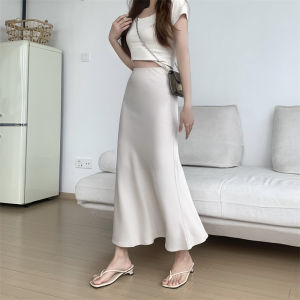 Foto nyata dari rok satin tebal rok ramping berpinggang tinggi baru rok A-line ramping warna solid panjang sedang dengan