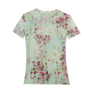 REHIN New Summer fashion mesh flowers floral printed short-sleeved T-shirt round-neck S-3XL Slim thin elegant trend blouse for women
