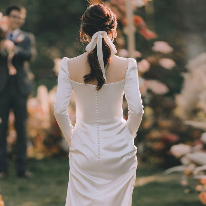 QEK032 Váy trắng vintage dự tiệc cưới sang trọng đầm maxi đắp chéo tà kết  ngọc tay dài cô dâu V00207 full size AĐ BOUTIQUE | Lazada.vn