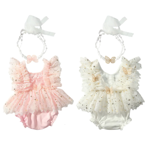 Newborns Photography Outfit Set Including Butterfly Charm Romper and Headband Props for 0-1 Month Baby Photoshoots