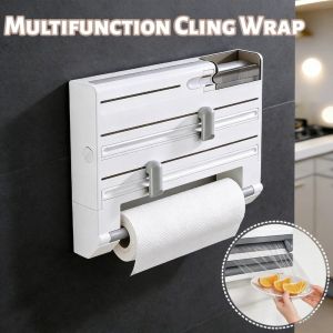 Cling Film Dispenser Kitchen Plastic Wrap Cutter Wall-Mount Kitchen Refrigerator Magnetic Tissue Holder
