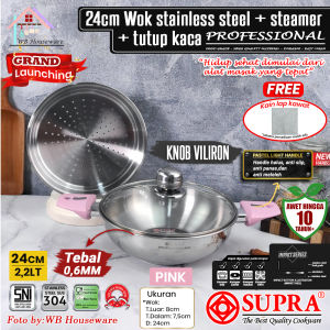 SUPRA wok 24cm handle pastel + tutup kaca viliron+steamer  stainless steel impact SUS 304 professional series / panci wajan penggorengan handle
