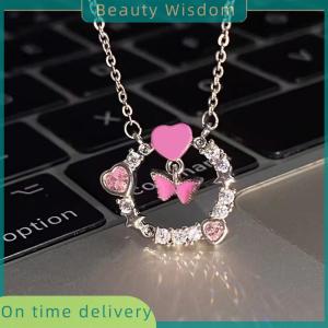 Beauty Wisdom Light Luxury Shiny Zircon Butterfly Pink Heart Necklace For Women Exquisite Round Pendant Clavicle Chain Girl Party Jewelry Gift