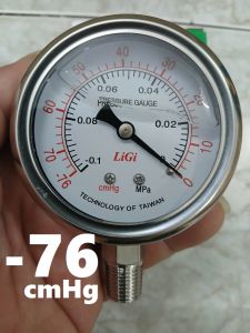 Đồng hồ đo áp suất Khí Chân Không Từ -001MPa đến 0 Mpa ( -76cmHg) Mặt 63mm có Dầu Ren 1/4 = 13mm Đồng hồ áp suất Âm Đài Loan chất lượng tốt