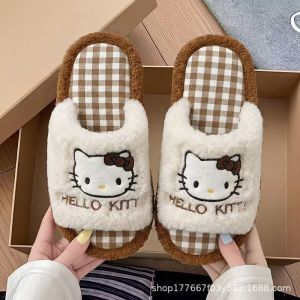 Cute Kt Cat Slippers For Spring And Autumn Linen Indoor Home Use Girls Style Daily Cartoon Warm Floor Slippers For Women