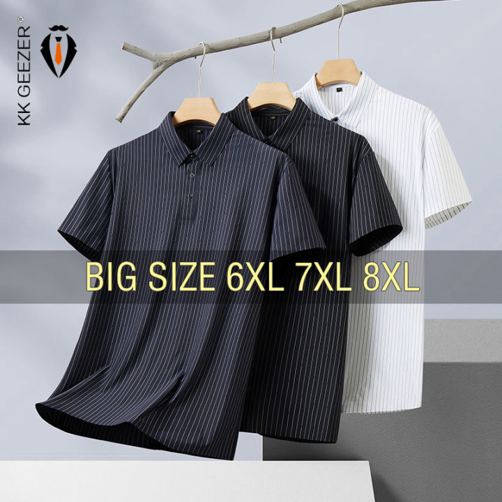 Men Polo Shirt Striped Short Sleeve Traceless Cool Thin Oversized 5XL ...