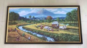 Hiasan Dinding Cetak Gambar Orang di sawah Pemandangan sawah Gunung di desa plus bingkai uk:50cm X 100cm