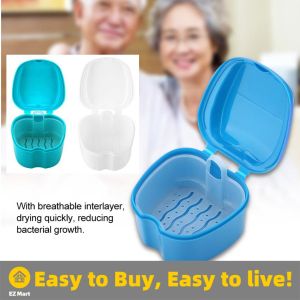 False Teeth Storage Box Denture Boxs Cleaning Teeth Case Dental Container Denture Box With Net White Blue Color False Teeth Case