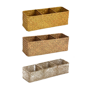 Handwoven Sea Grass Storage Box for Desk Organization 3 Compartment Desktop Basket with Lid Office Desk Organizer