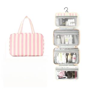 PLLEWY Hanging Travel Toiletry Bag 4-Fold Striped Cosmetic Bag Portable Large Capacity Cosmetic Organizer Travel
