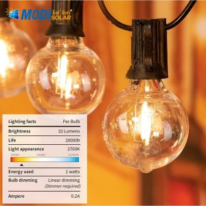 MODI Solar Outdoor Fairy String Lights 15M 25 Bulb 4 Lighting Modes Auto Turns On/Off IP44 Waterproof Decoration For Lawn /Patio/Party/Garden/Festival