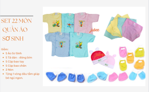 [TẶNG VÒNG DÂU TẰM ] Set 22 Món Sơ Sinh Cao Cấp (5 Áo Màu + 5 Tã + 10 Bao Tay Chân + 2 Nón)