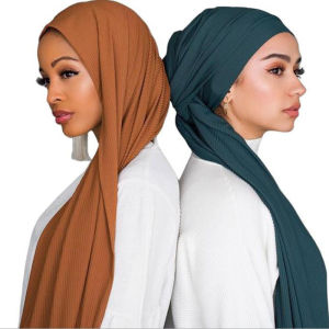 Jifang Plain Pleated Jersey Hijabs Shawls Arab Style Large Long Wrinkle Crinkle Solid Modal Cotton Muslim Hijab Shawl Headscarf Wraps WJ557