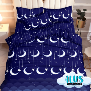 Bedcover Set + Sprei Motif White Moon Double Size Bahan Mikrotex Disperse