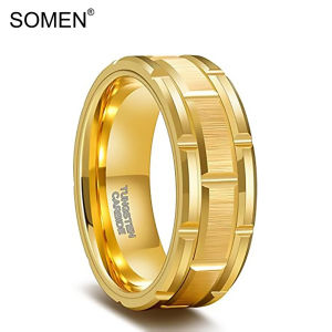 SOMEN 8mm Tungsten Carbide Rings for Men Gold Brick Pattern Grooved Brushed Wedding Band Comfort Fit Size 7-14