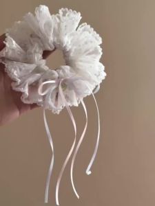 【Ship in 24H】粉蓝织带蝴蝶结波点蕾丝发圈甜美洋气白色网纱发绳头绳丸子头发饰20250814