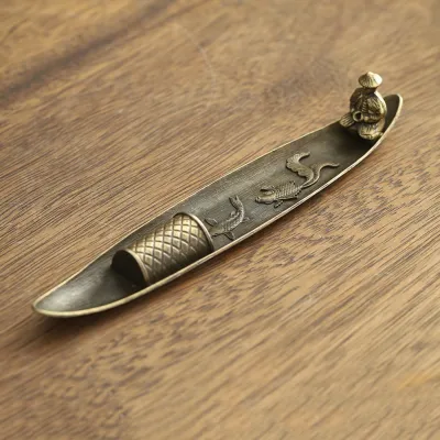 LOMEARD Boat Shape Incense Holder Metal Old Men Fishing Incense Censer Ancient Style Zen Style Incense Stick Burner Home Office Decor