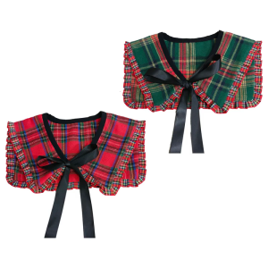 Decorative Ruffled Trim False Collar Neckline for Women Vintage Checkered Plaids Shawl Scarf Bows Tie Capelet Ponchos