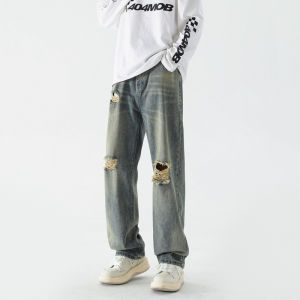 Celana Jeans Sobek Pria Celana Denim Panjang Robek Ripped Cowok Versi Korea Pants K502