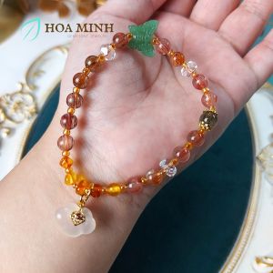 Vòng tay đá Thạch Anh Tóc Đỏ size 6.5 li phối bánh xe thạch anh trắng pha lê hổ phách thạch anh tóc xanh bướm đá mã não xanh charm móc khoá trường mệnh