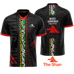 เสื้อกีฬาสไตล์ ไทยใหญ่ พม่า ให้แรงบันดาลใจ Never Surrender အရှုးမပေးနဲ့ ယႃႇယွမ်းၵၢၼ့် ရှမ်း မြန်မာအားကစားဝတ်စုံ သိူဝ်ႈလဵၼ်ႈဢဵၼ်ႁႅင်း เนื้อผ้าข้าวสาร เสื้อกีฬาแนวสร้างแรงบันดาลใจ  เสื้อกีฬา ไทยใหญ่ พม่า Shan & Myanmar T-Shirt Jersey The Shan mongtaifoods