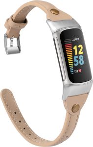 Wearlizer Leather Band Compatible with Fitbit Charge 5/Charge 6 Bands Thin Leather Watch Strap Replacement Wristband Accessories for Fitbit Charge 6 5 Band Women Men