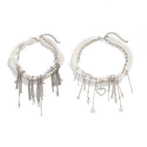 Độc đáo làm bằng tay trăng sao Vòng cổ tua rua ngọc trai giả đính cườm neckchain Multilayer Phụ Kiện Vòng cổ xương quai xanh