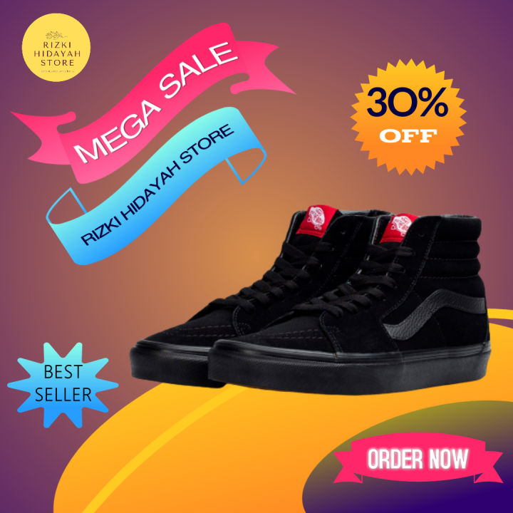 Vans12 SK8 HI Full Black Original Premium BNIB Sepatu Sneakers