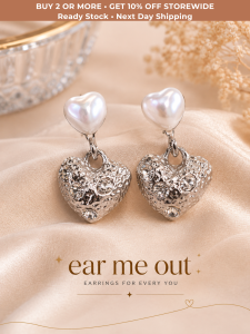 [SG] Pearl Heart Drop Earrings | Crystal Heart Charm Earrings | Romantic Pearl Stud Earrings | Elegant Korean-Inspired Jewellery - ear me out (EMO-70)