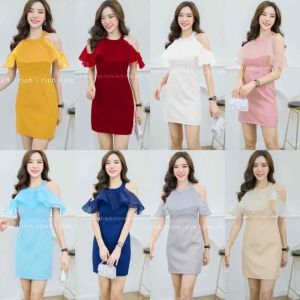 18088 เดรสออกงาน เว้าไหล่ แต่งระบายแก้ว 2 ชั้น น่ารัก