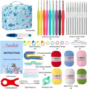 SG-Stock 68Pcs Crochet Kit Set with Ergonomic Hooks Yarn Storage Bag - Complete DIY Knitting & Crochet Tools for Beginners