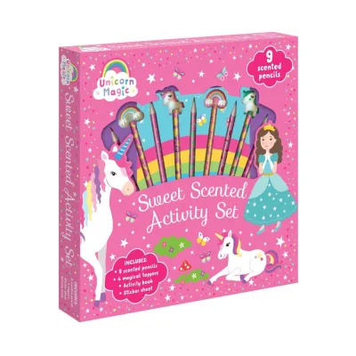 Unicorn Magic Colouring Activity Book Gift Set For Kids (Boxset) with 9 Scented Colour Pencils Toppers & Stickers