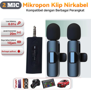 Sumber Mic Wireless Clip On 2 Microphone Wireless Clip On Noise Reduction Mikrofon Konten Kreator 3.5MM Type-c Lightning For Hp  Kamera Komputer Speaker Aktif