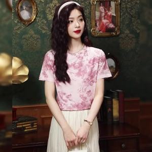 Ammin Áo Lụa băng lưới in chữ R mùa hè Áo phông ngắn tay 2024 phong cách phương Tây Nữ ôm vừa phần đáy đa năng phong cách Ins Chic