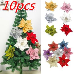 【iloverosemerry】10pcs/set 13cm Big Flower Head Glitter Artificial Silk Flower Christmas Tree Ornament DIY Christmas Decoration New Year Decor Navidad Christmas Tree Party Decoration