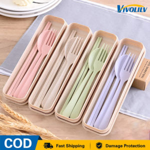 VIVOLILV Delivery from Manila🚚3-in-1 Wheat Straw Cutlery Set Portable Spoon Fork Chopsticks Portable Tableware for Student Daily Outdoor Dining