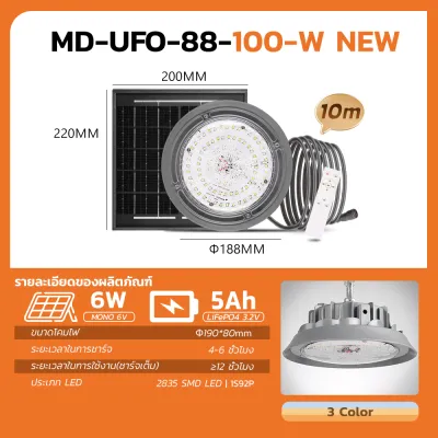 MODI ไฟโซล่าเซลล์ หลอดไฟ ไฟภายนอกอาคาร ไฟufo Highbay รุ่น100W/200W/300W/400W(แสง : ขาว คูลไวท์ เหลือง) รีโมทคอนโทรล เลือกสายไฟ7M และ 10M ได้ โคมไฟUFO
