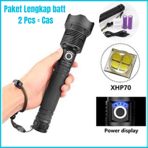 COD Cepat TaffLED Senter LED Flashlight USB Rechargeable XHP 70 2000 Lumens + 2 Pcs Baterei + Charger - JHS522X / Senter Anti Air / Senter LED Long Range Zoom USB Recharge Super Terang Camping XHP70.2 9000 Lumens 2-6PCS Baterai