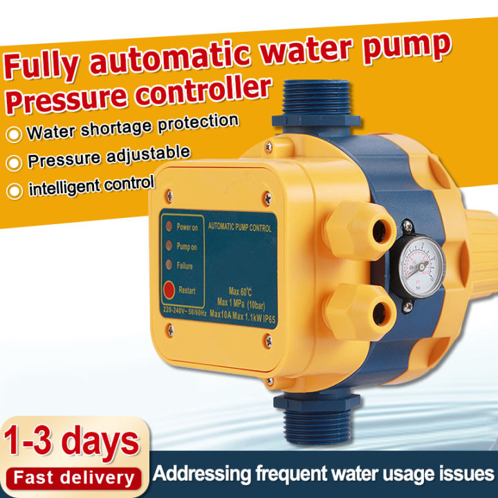 10A 10Bar Electronic Water Pump Pressure Switch – G1 Thread, Built-in Gauge, Adjustable 1.5-2.2 Bar – Dry-Run Protection