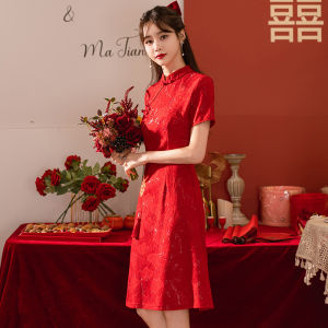 Dazzlin Wanita Baru Cheongsam Merah 2024 Gaun Roti Bakar Pengantin a Pemuda Gaun Lengan Pendek Berwarna Merah Ujian Ujian Masuk Persekolahan Tinggi R