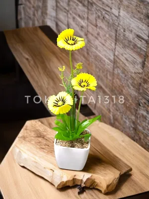 SET BUNGA PLASTIK DAISY DENGAN POT MINI DEKORASI RUMAH SHABBY CHIC