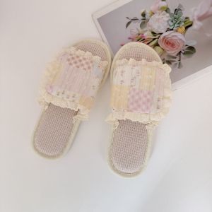 Breathable Linen Slippers For Women Chinese Style Ruffle Design Spring And Summer Indoor Non-Slip Floor Sandals Suitable For Outdoor Wear All-Season Cotton-Linen Slippers