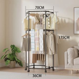PICKIT Rotating Hexagonal Clothing Rack with Wheels Sturdy Construction Movable Clothing Storage Rack Metal Tube Vertical Garment Hanger Home Use
